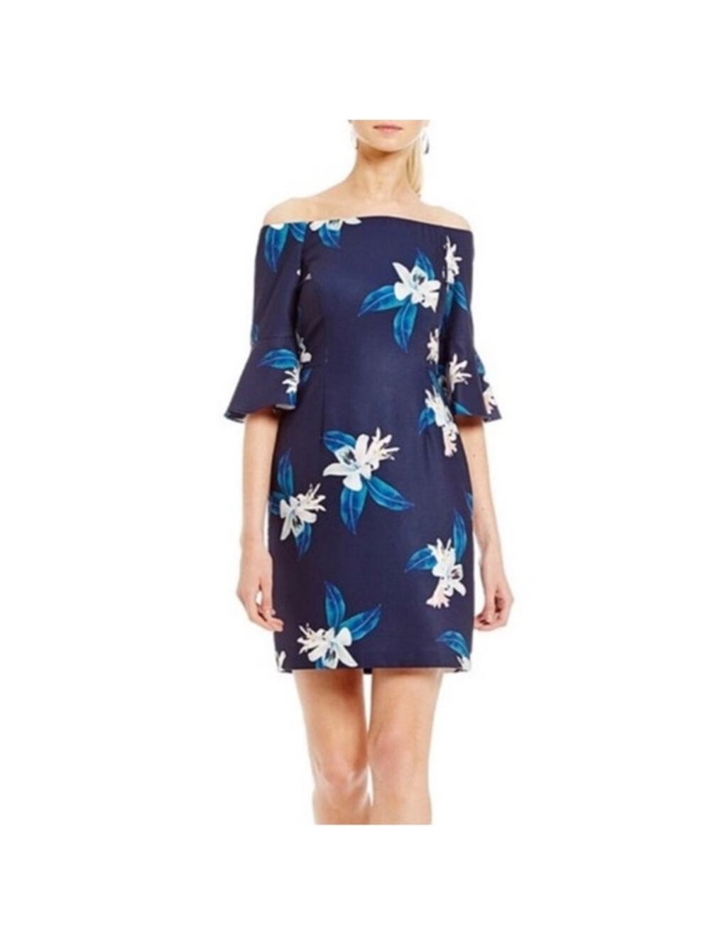 NWOT ANTONIO MELANI Navy Blue Off-Shoulder Floral Shift Dress